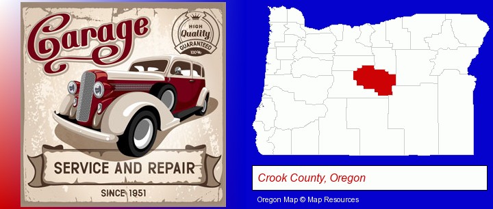 an auto service and repairs garage sign; Crook County, Oregon highlighted in red on a map
