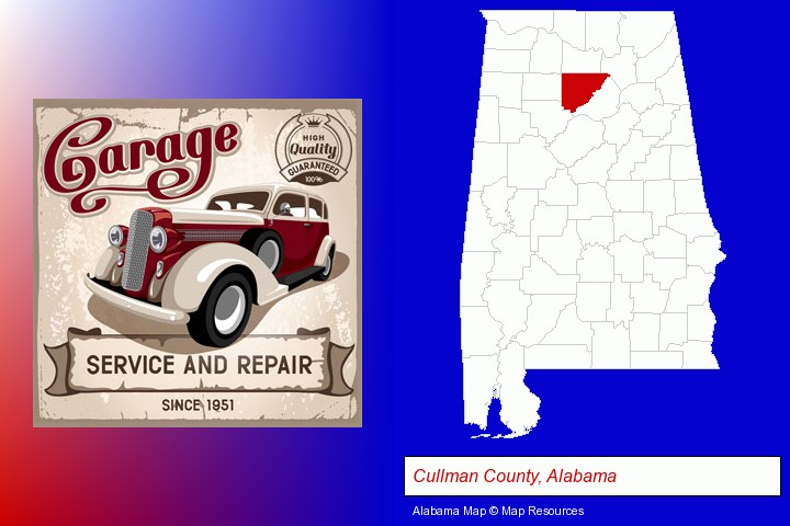 an auto service and repairs garage sign; Cullman County, Alabama highlighted in red on a map