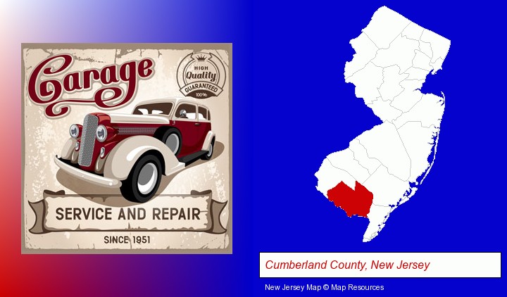 an auto service and repairs garage sign; Cumberland County, New Jersey highlighted in red on a map