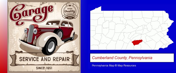 an auto service and repairs garage sign; Cumberland County, Pennsylvania highlighted in red on a map