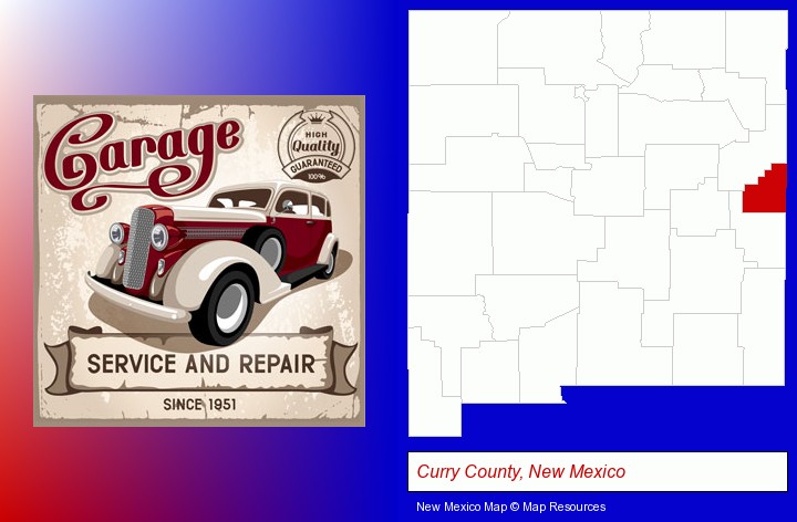 an auto service and repairs garage sign; Curry County, New Mexico highlighted in red on a map