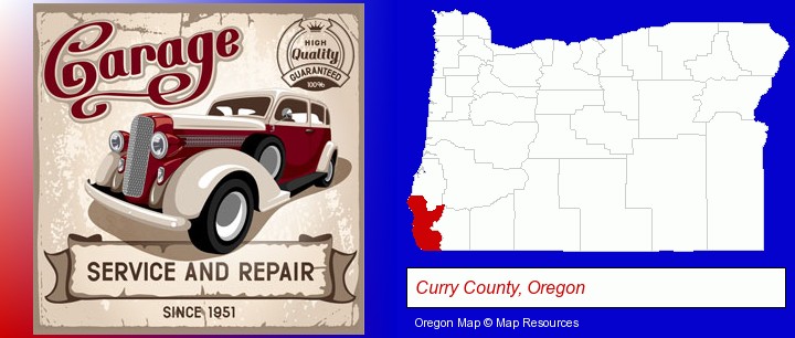 an auto service and repairs garage sign; Curry County, Oregon highlighted in red on a map