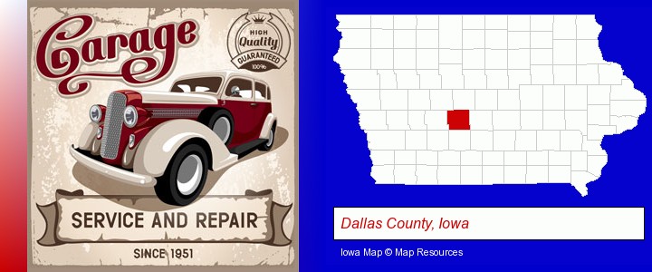 an auto service and repairs garage sign; Dallas County, Iowa highlighted in red on a map