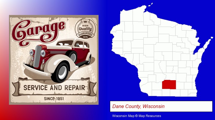 an auto service and repairs garage sign; Dane County, Wisconsin highlighted in red on a map