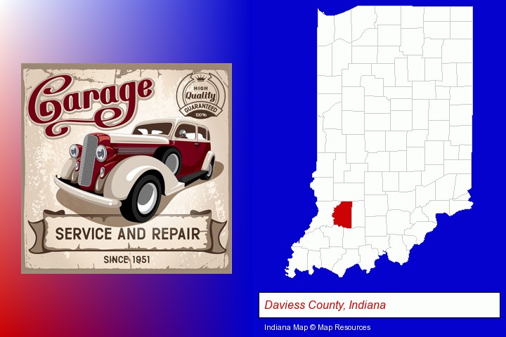 an auto service and repairs garage sign; Daviess County, Indiana highlighted in red on a map
