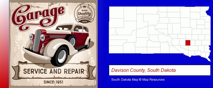 an auto service and repairs garage sign; Davison County, South Dakota highlighted in red on a map