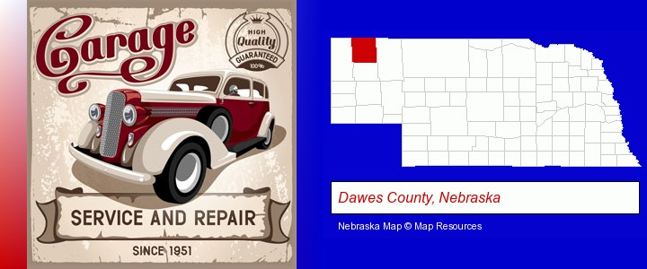 an auto service and repairs garage sign; Dawes County, Nebraska highlighted in red on a map
