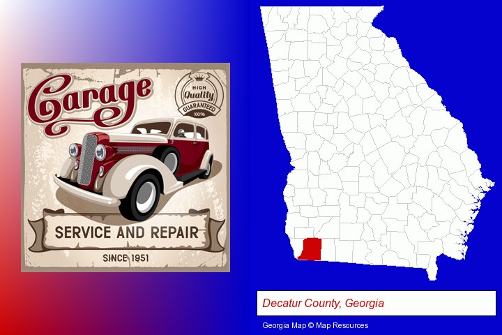 an auto service and repairs garage sign; Decatur County, Georgia highlighted in red on a map