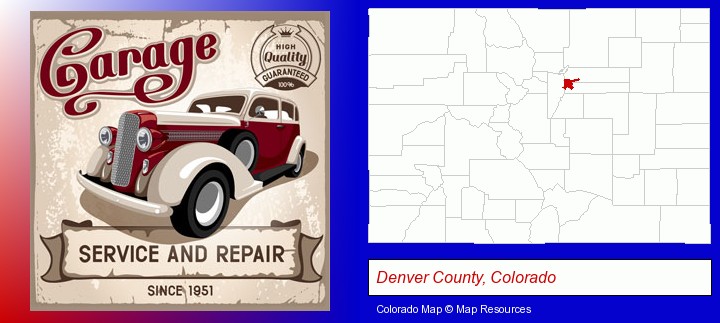 an auto service and repairs garage sign; Denver County, Colorado highlighted in red on a map