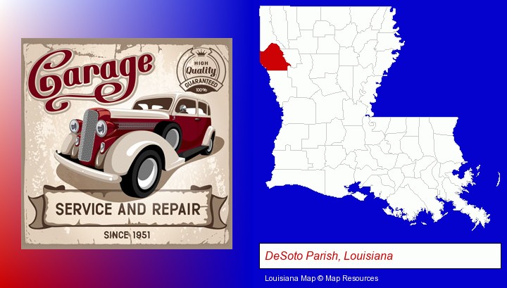 an auto service and repairs garage sign; DeSoto Parish, Louisiana highlighted in red on a map