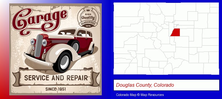 an auto service and repairs garage sign; Douglas County, Colorado highlighted in red on a map