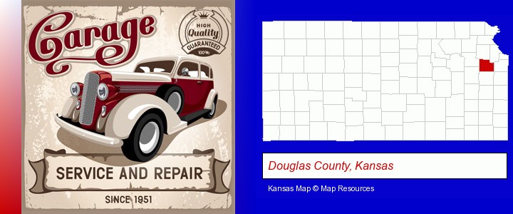 an auto service and repairs garage sign; Douglas County, Kansas highlighted in red on a map