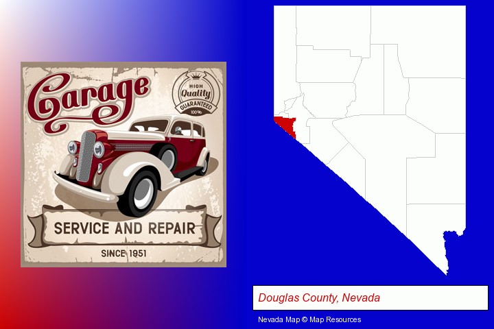 an auto service and repairs garage sign; Douglas County, Nevada highlighted in red on a map