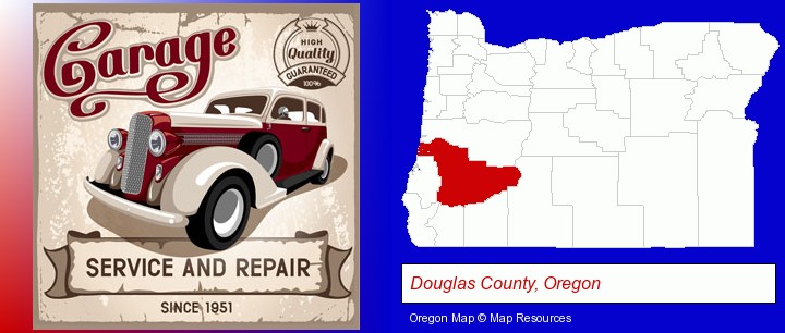 an auto service and repairs garage sign; Douglas County, Oregon highlighted in red on a map