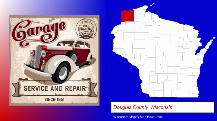 an auto service and repairs garage sign; Douglas County, Wisconsin highlighted in red on a map