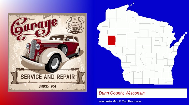 an auto service and repairs garage sign; Dunn County, Wisconsin highlighted in red on a map