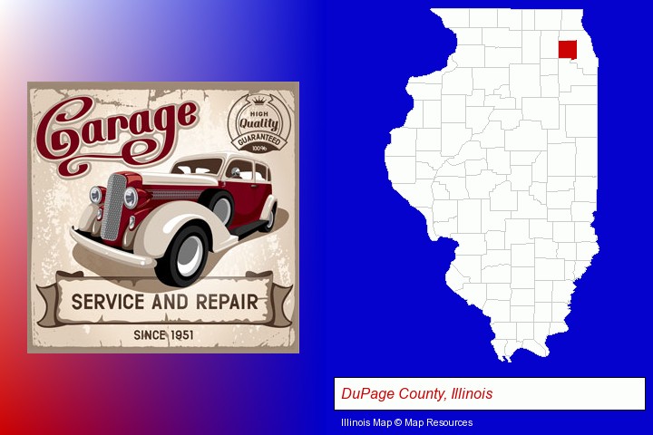 an auto service and repairs garage sign; DuPage County, Illinois highlighted in red on a map
