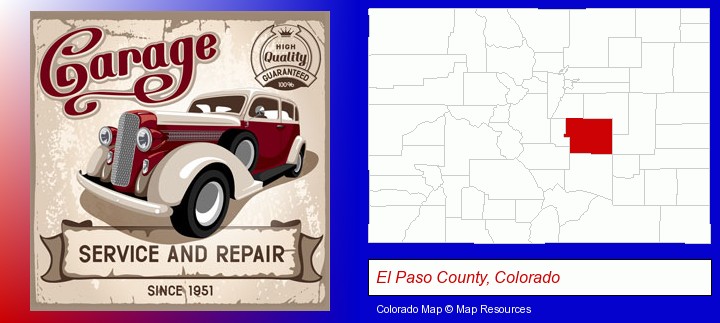 an auto service and repairs garage sign; El Paso County, Colorado highlighted in red on a map