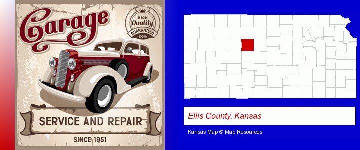 an auto service and repairs garage sign; Ellis County, Kansas highlighted in red on a map