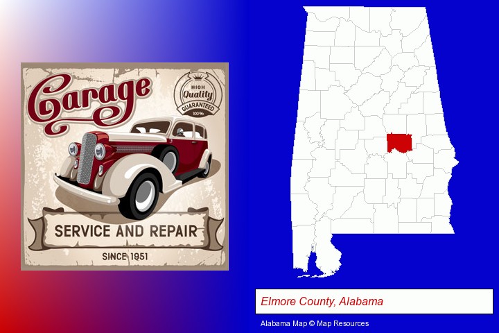 an auto service and repairs garage sign; Elmore County, Alabama highlighted in red on a map