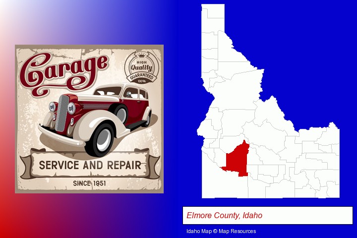 an auto service and repairs garage sign; Elmore County, Idaho highlighted in red on a map