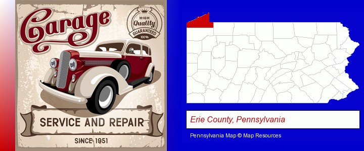 an auto service and repairs garage sign; Erie County, Pennsylvania highlighted in red on a map