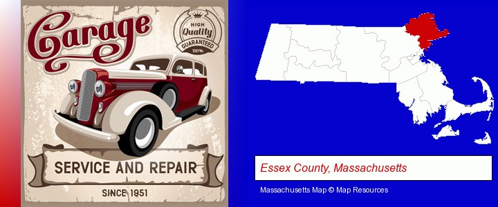 an auto service and repairs garage sign; Essex County, Massachusetts highlighted in red on a map