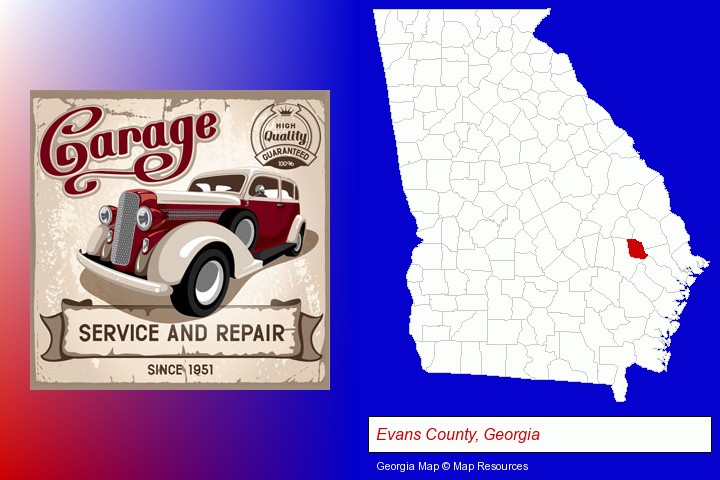 an auto service and repairs garage sign; Evans County, Georgia highlighted in red on a map