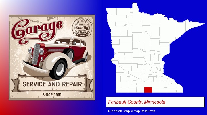 an auto service and repairs garage sign; Faribault County, Minnesota highlighted in red on a map