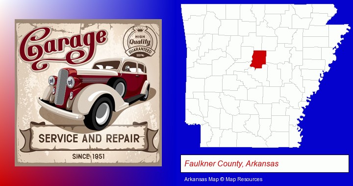 an auto service and repairs garage sign; Faulkner County, Arkansas highlighted in red on a map