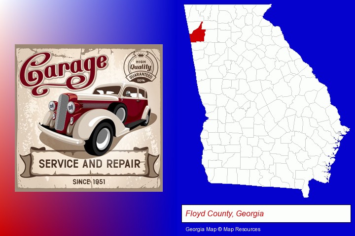 an auto service and repairs garage sign; Floyd County, Georgia highlighted in red on a map
