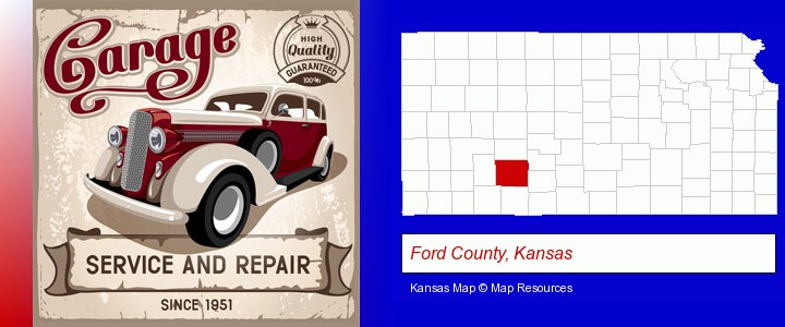 an auto service and repairs garage sign; Ford County, Kansas highlighted in red on a map