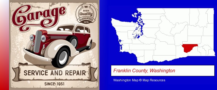 an auto service and repairs garage sign; Franklin County, Washington highlighted in red on a map