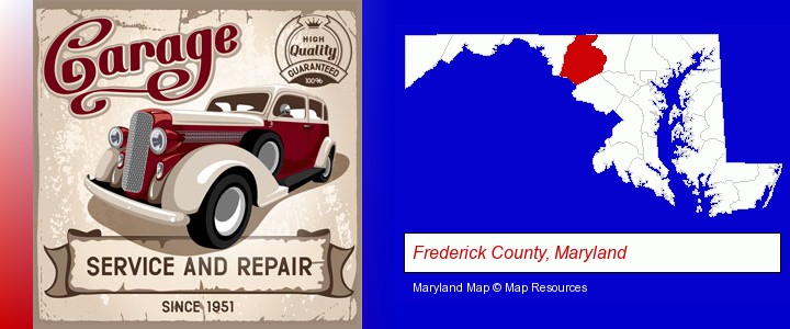 an auto service and repairs garage sign; Frederick County, Maryland highlighted in red on a map