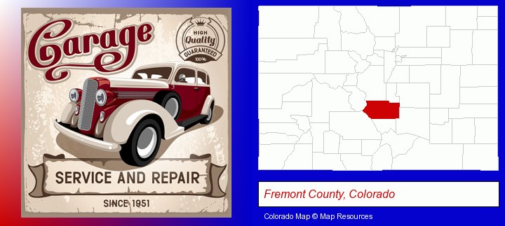 an auto service and repairs garage sign; Fremont County, Colorado highlighted in red on a map