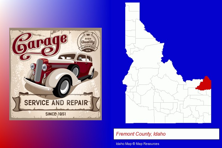 an auto service and repairs garage sign; Fremont County, Idaho highlighted in red on a map
