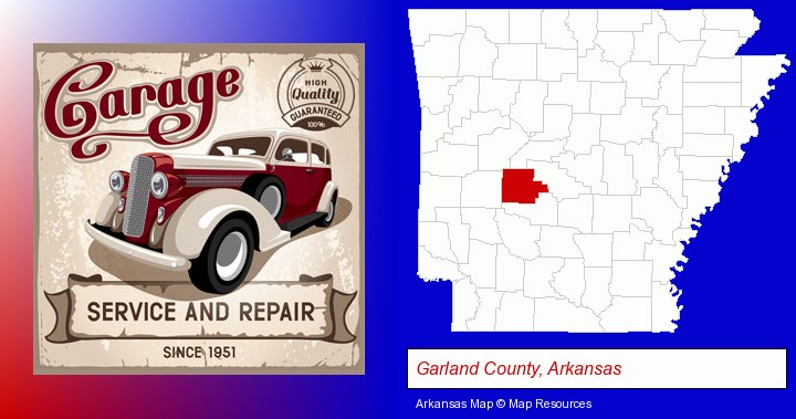 an auto service and repairs garage sign; Garland County, Arkansas highlighted in red on a map