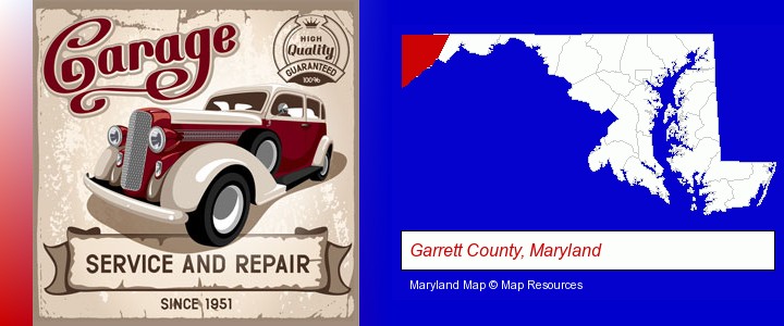 an auto service and repairs garage sign; Garrett County, Maryland highlighted in red on a map