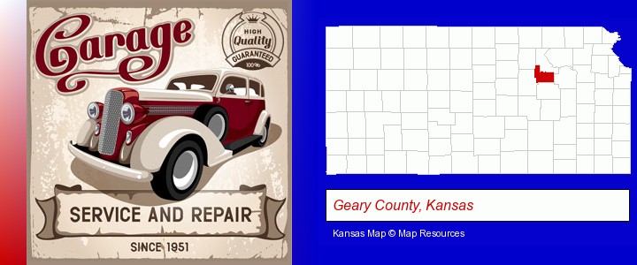 an auto service and repairs garage sign; Geary County, Kansas highlighted in red on a map