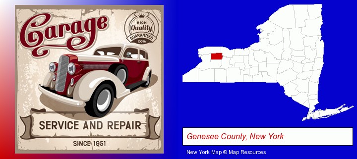an auto service and repairs garage sign; Genesee County, New York highlighted in red on a map