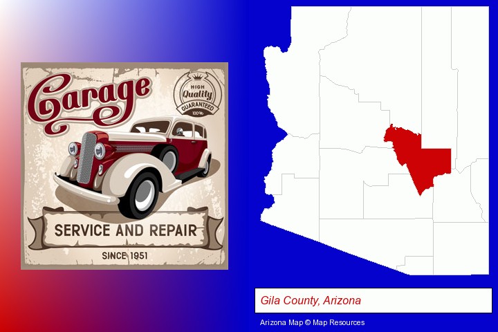 an auto service and repairs garage sign; Gila County, Arizona highlighted in red on a map