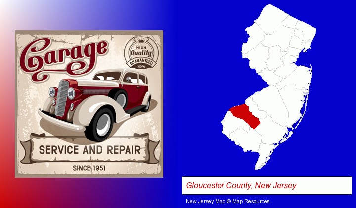 an auto service and repairs garage sign; Gloucester County, New Jersey highlighted in red on a map