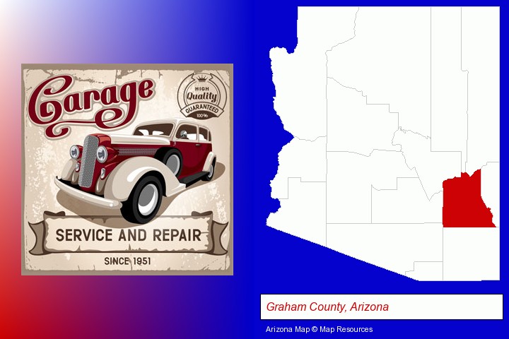 an auto service and repairs garage sign; Graham County, Arizona highlighted in red on a map