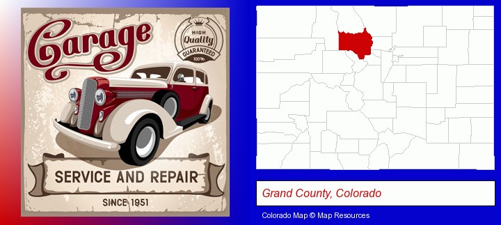 an auto service and repairs garage sign; Grand County, Colorado highlighted in red on a map