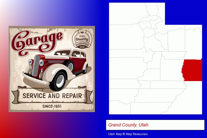 an auto service and repairs garage sign; Grand County, Utah highlighted in red on a map