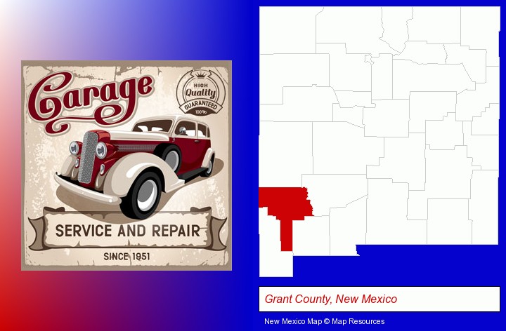 an auto service and repairs garage sign; Grant County, New Mexico highlighted in red on a map