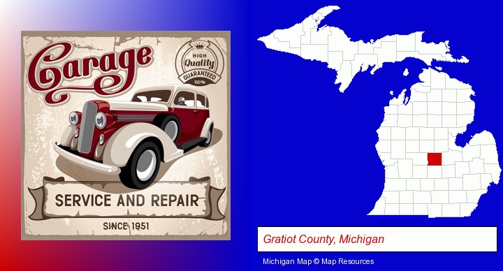 an auto service and repairs garage sign; Gratiot County, Michigan highlighted in red on a map