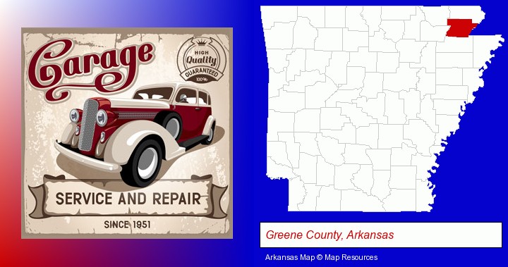 an auto service and repairs garage sign; Greene County, Arkansas highlighted in red on a map