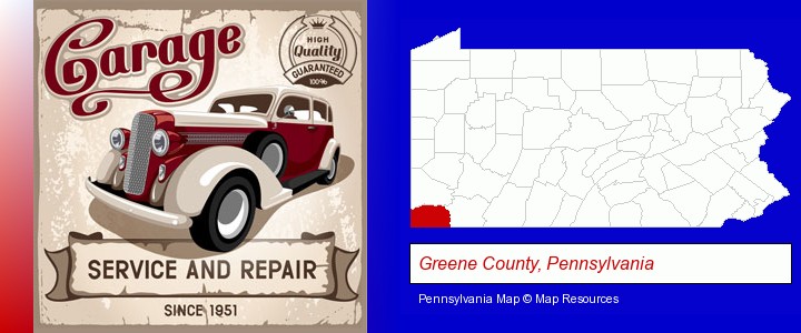 an auto service and repairs garage sign; Greene County, Pennsylvania highlighted in red on a map