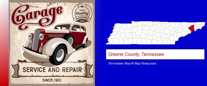 an auto service and repairs garage sign; Greene County, Tennessee highlighted in red on a map